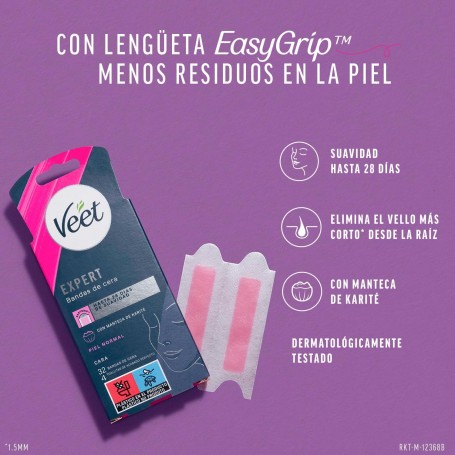 Pack Veet Expert 64 Bandas para Depilación Facial + Neceser