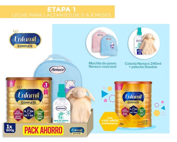 Pack Enfamil 1 800g con Mochila Azul Nenuco, Agua de Colonia de Nenuco de  240 ml y Doudou de Peluche